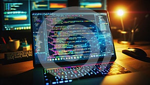 Colorful Laptop Display with Programming Code at Night