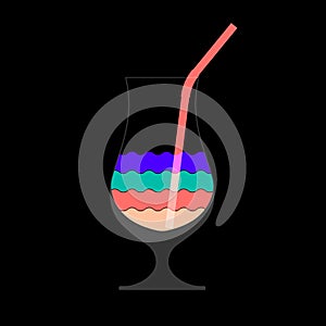 Colorful layered cocktail drink icon. Tall glass. Vector illustration isolated on black