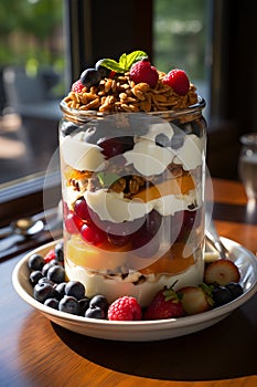 Colorful layers of yogurt, berries and crunchy granola