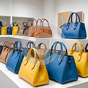 Colorful Leather Handbags in Blue, Yellow, Brown, and Beige with Framed Artwork photo