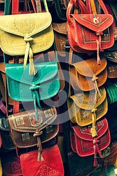 Colorful leather handbags collection on Tunis market