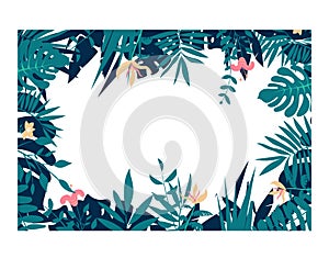 Colorful leaves and flowers of tropical plants background. Horizontal floral frame with space for text.