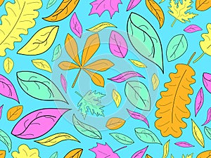 Colorful leaves with stroke seamless pattern. Autumn falling leaves, leaf fall. Oak and maple. Design for wrapping paper, fabric