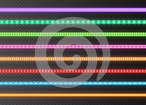 Colorful LED strips collection, bright luminous ribbons isolated on a transparent background. Realistic neon garlands.