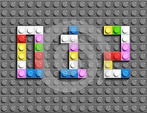 Colorful lego numbers 7,8,9 from plastic building lego bricks. Colorful vector lego numbers . Gray lego background