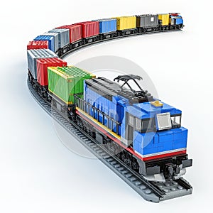 A colorful LEGO train with cargo containers on a curved track