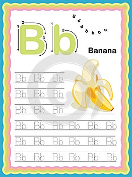 Colorful letter B Uppercase and Lowercase Tracing alphabets start with Vegetables and fruits daily writing practice worksheet,