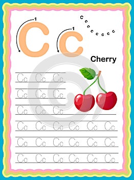 Colorful letter C Uppercase and Lowercase Tracing alphabets start with Vegetables and fruits daily writing practice worksheet,