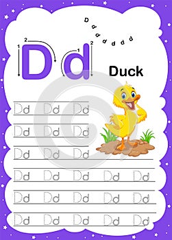 Colorful letter d Uppercase and Lowercase alphabet A-Z, Tracing and writing daily printable A4 practice worksheet with cute