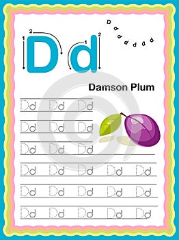 Colorful letter D Uppercase and Lowercase Tracing alphabets start with Vegetables and fruits daily writing practice worksheet,