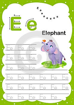 Colorful letter E Uppercase and Lowercase alphabet A-Z, Tracing and writing daily printable A4 practice worksheet with cute
