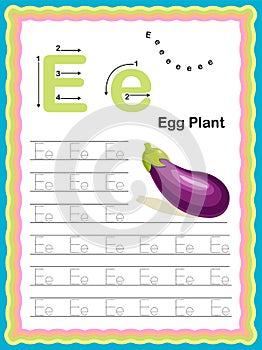 Colorful letter E Uppercase and Lowercase Tracing alphabets start with Vegetables and fruits daily writing practice worksheet,