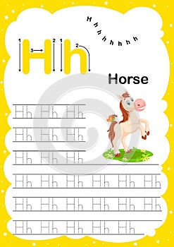 Colorful letter H Uppercase and Lowercase alphabet A-Z, Tracing and writing daily printable A4 practice worksheet with cute