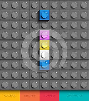 Colorful letter I from building lego bricks on gray lego background. Lego letter M