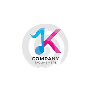 Colorful Letter K Alphabet Music Logo Design Isolated on White Background. Initial and Musical Note logo concept. Monogram