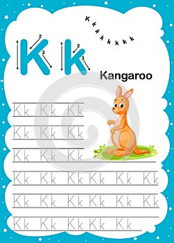 Colorful letter K Uppercase and Lowercase alphabet A-Z, Tracing and writing daily printable A4 practice worksheet with cute