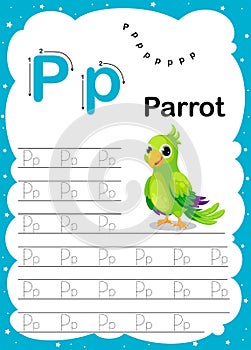 Colorful letter P Uppercase and Lowercase alphabet A-Z, Tracing and writing daily printable A4 practice worksheet with cute