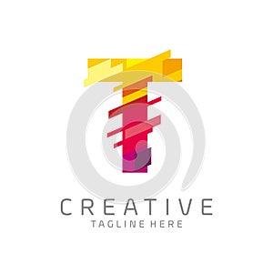 Colorful letter T tech logo design vector with pixel/glitch motion concept. multimedia, technology, digital, innovation company