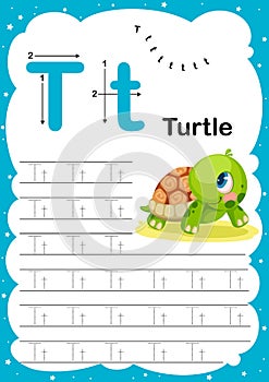 Colorful letter T Uppercase and Lowercase alphabet A-Z, Tracing and writing daily printable A4 practice worksheet with cute