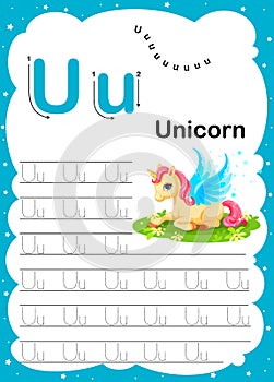 Colorful letter U Uppercase and Lowercase alphabet u, Tracing and writing daily printable A4 practice worksheet with cute cartoon