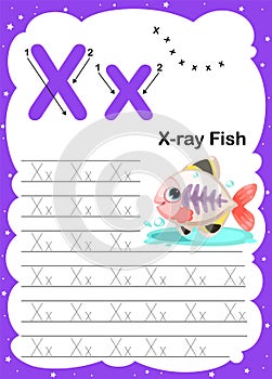 Colorful letter X Uppercase and Lowercase alphabet A-Z, Tracing and writing daily printable A4 practice worksheet with cute