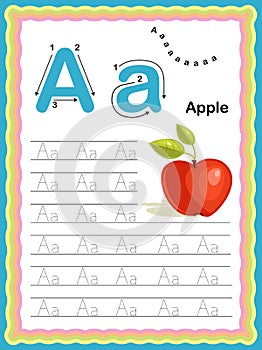 Colorful letter A Uppercase and Lowercase Tracing alphabets start with Vegetables and fruits daily writing practice worksheet,