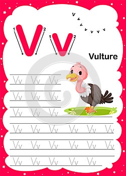 Colorful letter V Uppercase and Lowercase alphabet A-Z, Tracing and writing daily printable A4 practice worksheet with cute