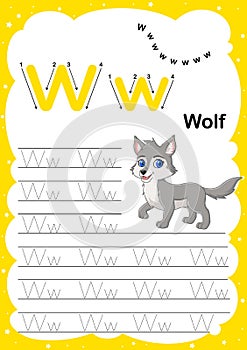 Colorful letter W Uppercase and Lowercase alphabet A-Z, Tracing and writing daily printable A4 practice worksheet with cute