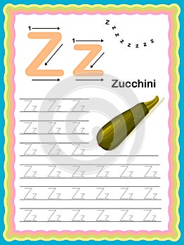 Colorful letter Z Uppercase and Lowercase Tracing alphabets start with Vegetables and fruits daily writing practice worksheet,