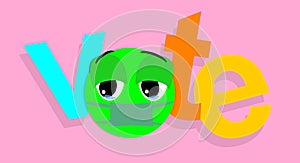 Colorful letters and electoral envelope in electoral poster design, reference to voting. Green doll with sad expression.