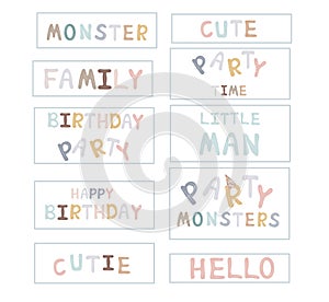 Colorful letters in vector. Happy birthday - cute hand drawn doodle lettering postcard. Monster, family, little man, cutie, happy