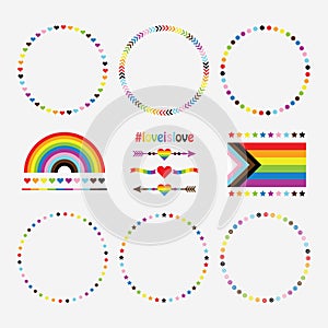 Colorful LGBTQ+ circle pattern emblems design element set with heart arrows, rainbow, and new flag icons on white photo