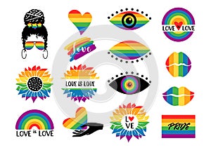 Colorful LGBTQ pride symbols set with flag, rainbow, hearts, lips, eyes, sunflower, quotes, woman isolated on white background.