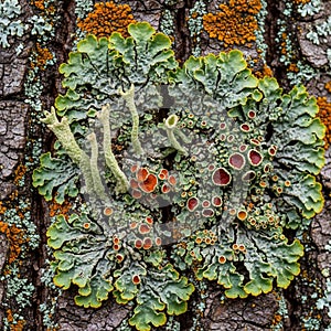 Colorful lichens on tree bark, displaying