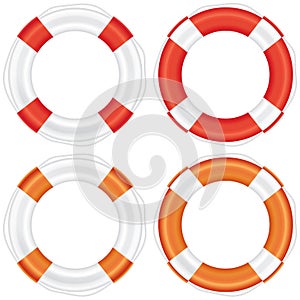 Colorful lifebuoy set with stripes and rope.
