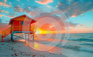 Colorful lifeguard hut sits on the beach at sunset