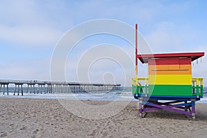 Colorful Lifeguard Tower Hermosa Beach and Pier