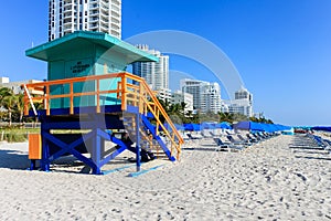 Colorful Lifeguard tower, skylines, coastline with blue sky on sunny day. Beach with lifeguard tower. Safe swimming