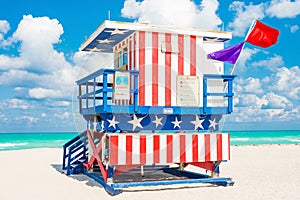 Colorful lifeguard tower in South Beach, Miami