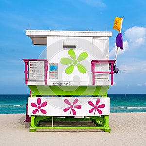 Colorful lifeguard tower on South Beach in Miami