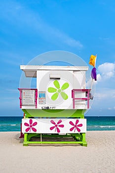 Colorful lifeguard tower on South Beach in Miami