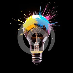 Colorful Light Bulb Explosion with Paint Splashes on Black Background - Creative Idea Concept