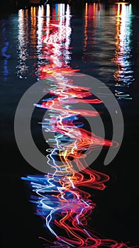 Colorful light reflections on water at night