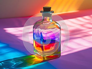 Colorful light refractions through a glass bottle on a vibrant background photo