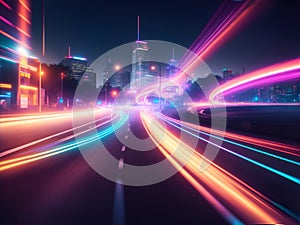 Colorful Light Trails on the Road to Modern City Buildings in Background at Night -Generative Ai