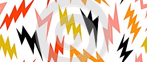 Colorful lightning bolts seamless pattern. Yellow, red, orange and black thunder bolt repeating background. Storm and