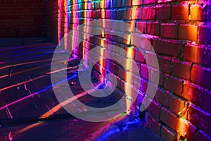 Colorful Lights Illuminating Brick Wall. Generative AI