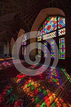 Colorful Lights Passing Through Stained Glass Windows of Nasir al-mulk Mosque in Shiraz City of Iran