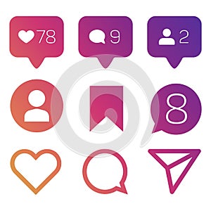 Colorful like icons, follower commets location vector set