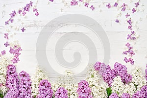 Colorful lilac flowers border on white wooden background. Top vi